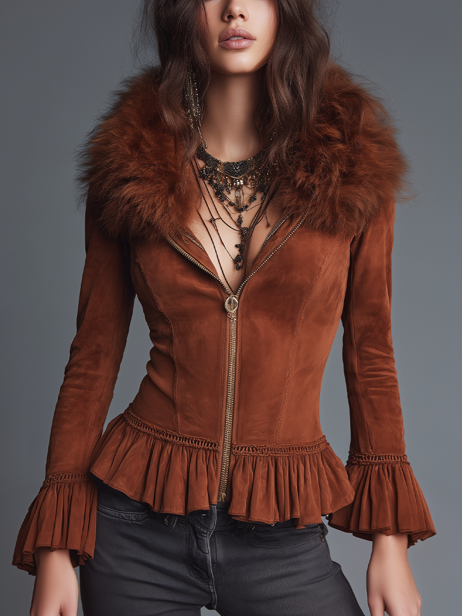 Romantic Rust Brown Faux Fur Collar Ruffle Suede Jacket