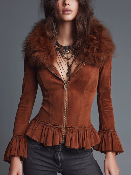 Romantic Rust Brown Faux Fur Collar Ruffle Suede Jacket