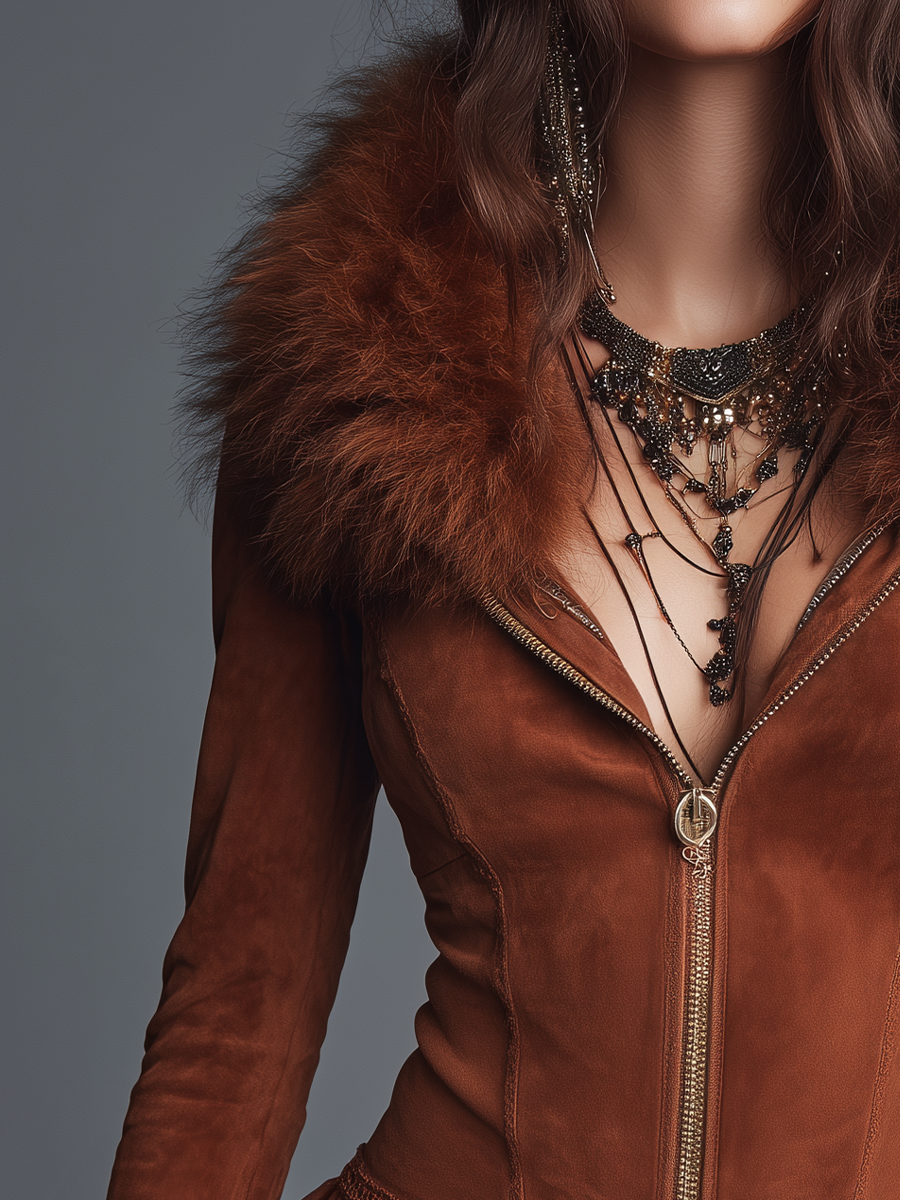 Romantic Rust Brown Faux Fur Collar Ruffle Suede Jacket