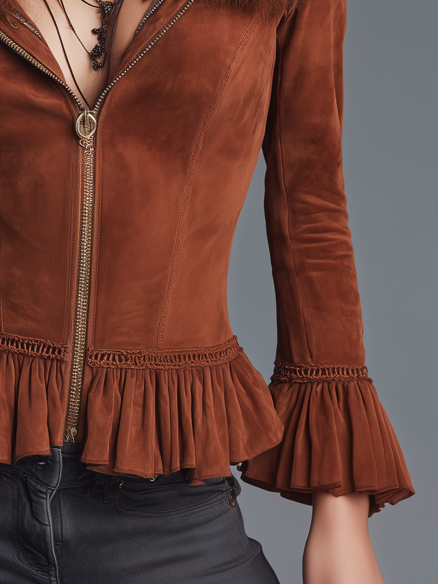 Romantic Rust Brown Faux Fur Collar Ruffle Suede Jacket