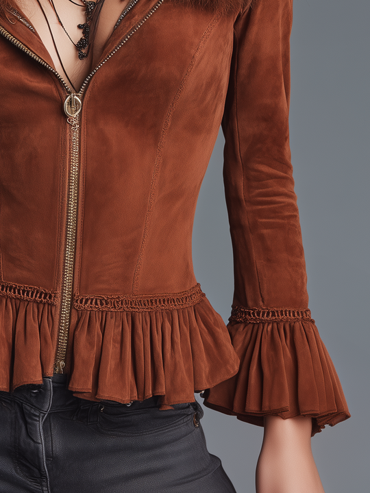 Romantic Rust Brown Faux Fur Collar Ruffle Suede Jacket