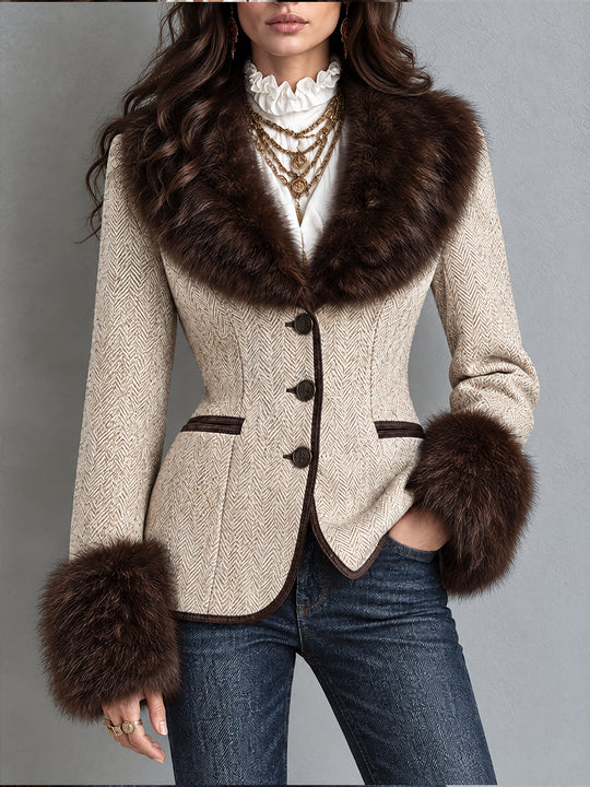 Vintage Nomad Herringbone Faux-Fur Trim Blazer