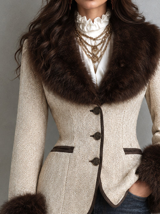 Vintage Nomad Herringbone Faux-Fur Trim Blazer