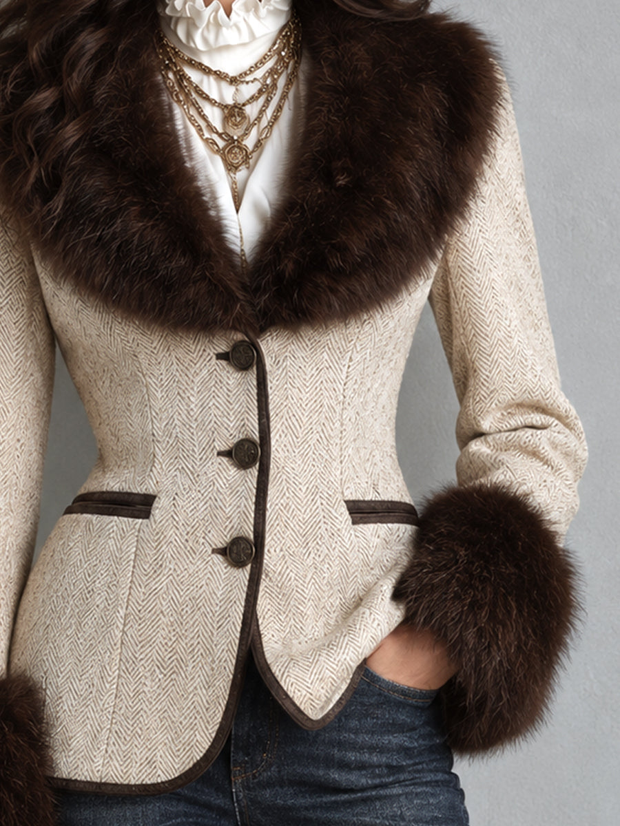Vintage Nomad Herringbone Faux-Fur Trim Blazer