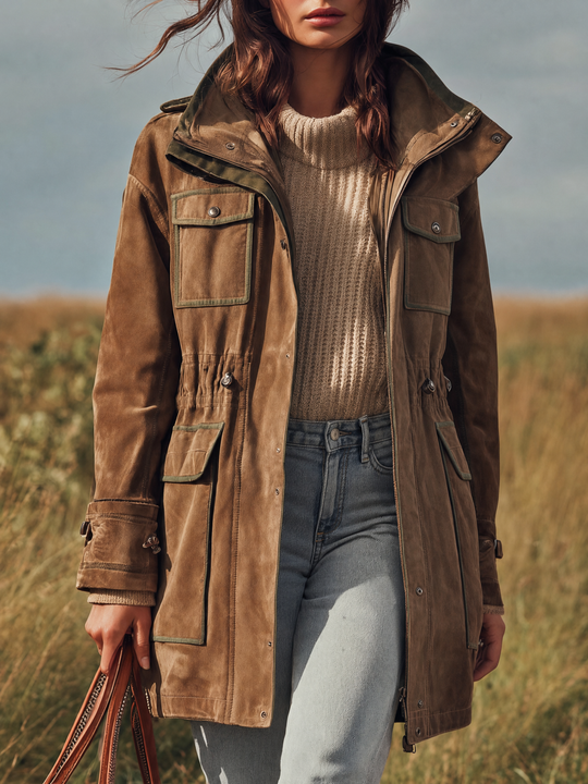 Women's Faux Suede Hooded Utility Jacket With Flap Pockets