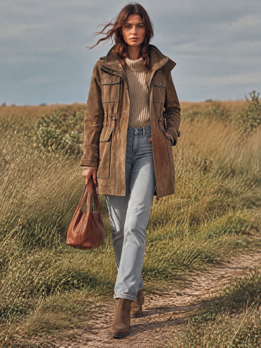 Women's Faux Suede Hooded Utility Jacket With Flap Pockets