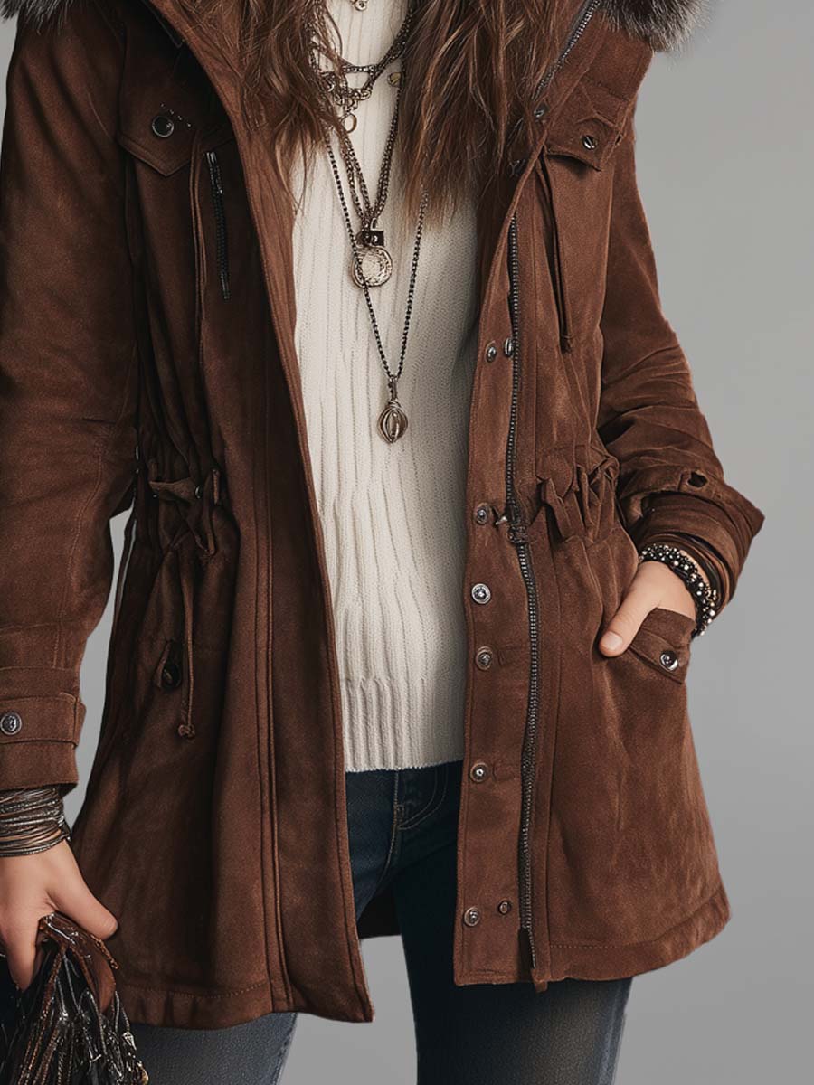 Vintage-style Polyester Suede Coat With A Drawstring Waist