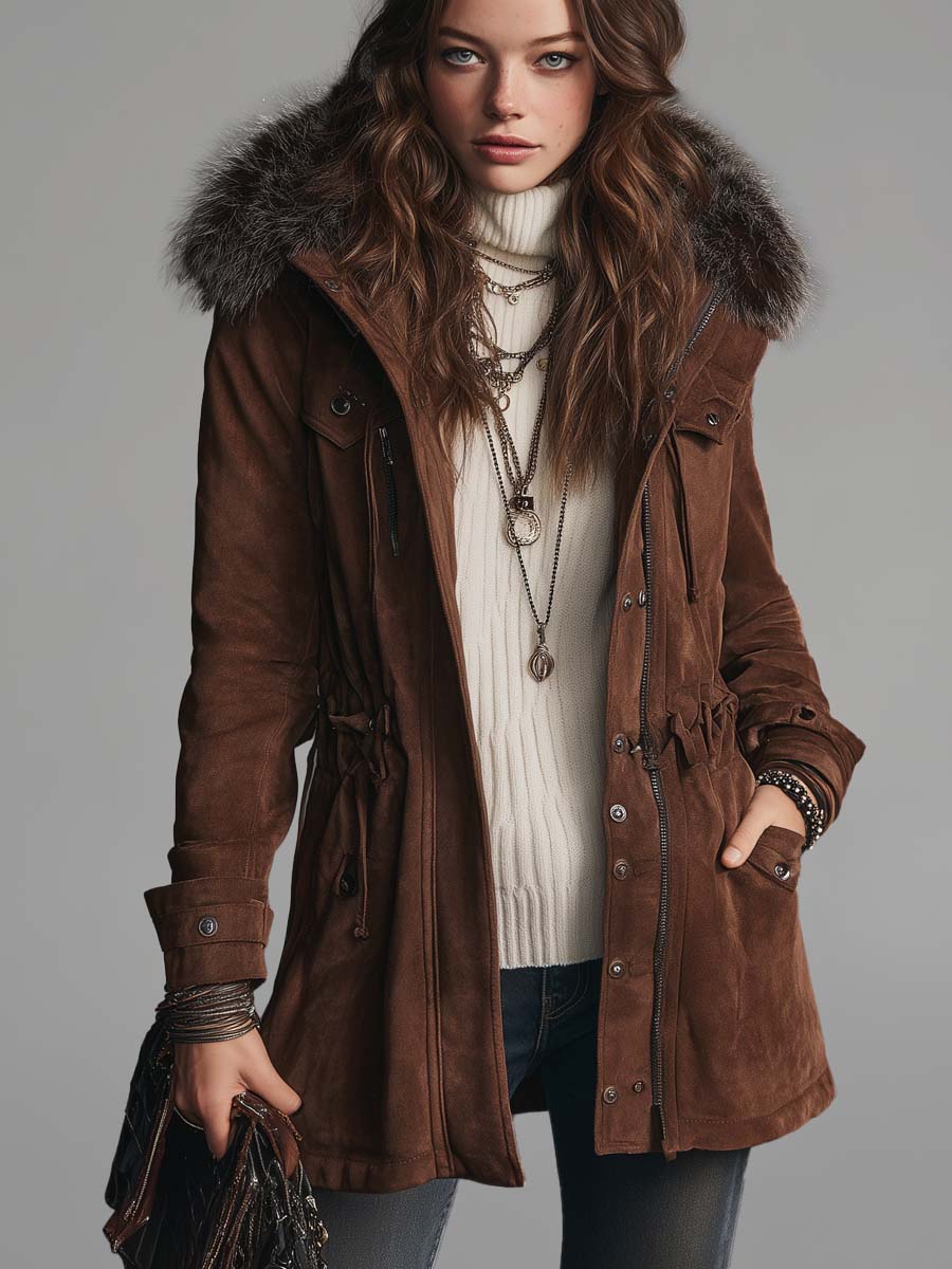 Vintage-style Polyester Suede Coat With A Drawstring Waist