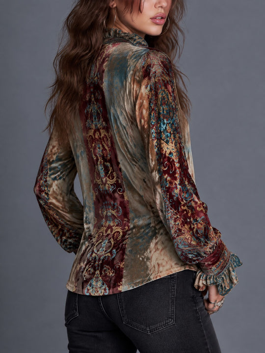 Boho Paisley Print Velvet Blouse with Zip Front & Ruffle Trim