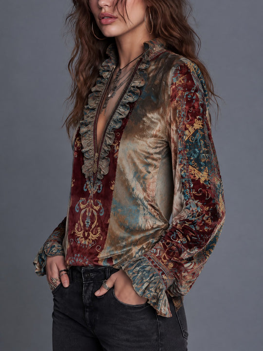 Boho Paisley Print Velvet Blouse with Zip Front & Ruffle Trim