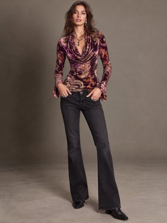 Paisley Print Velvet Cowl Neck Top with Bell Sleeves