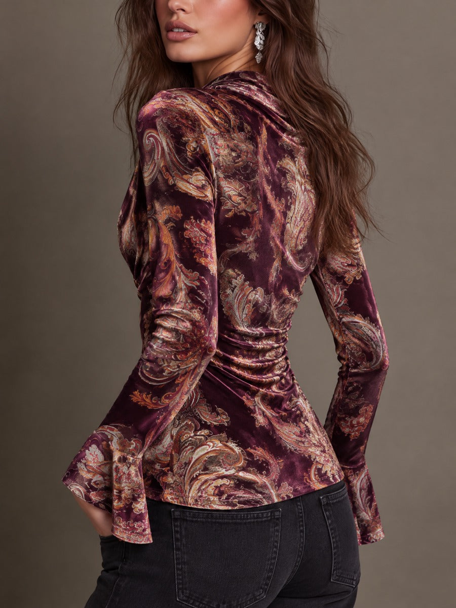 Paisley Print Velvet Cowl Neck Top with Bell Sleeves