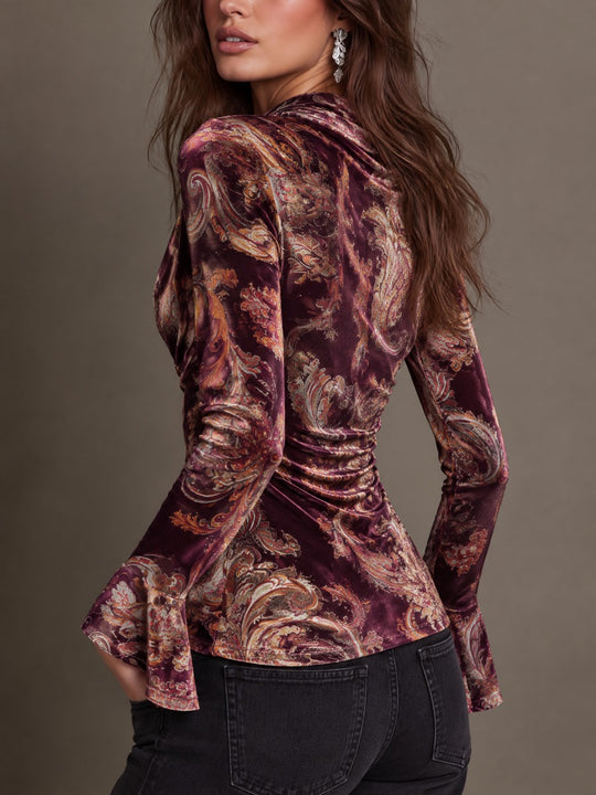 Paisley Print Velvet Cowl Neck Top with Bell Sleeves