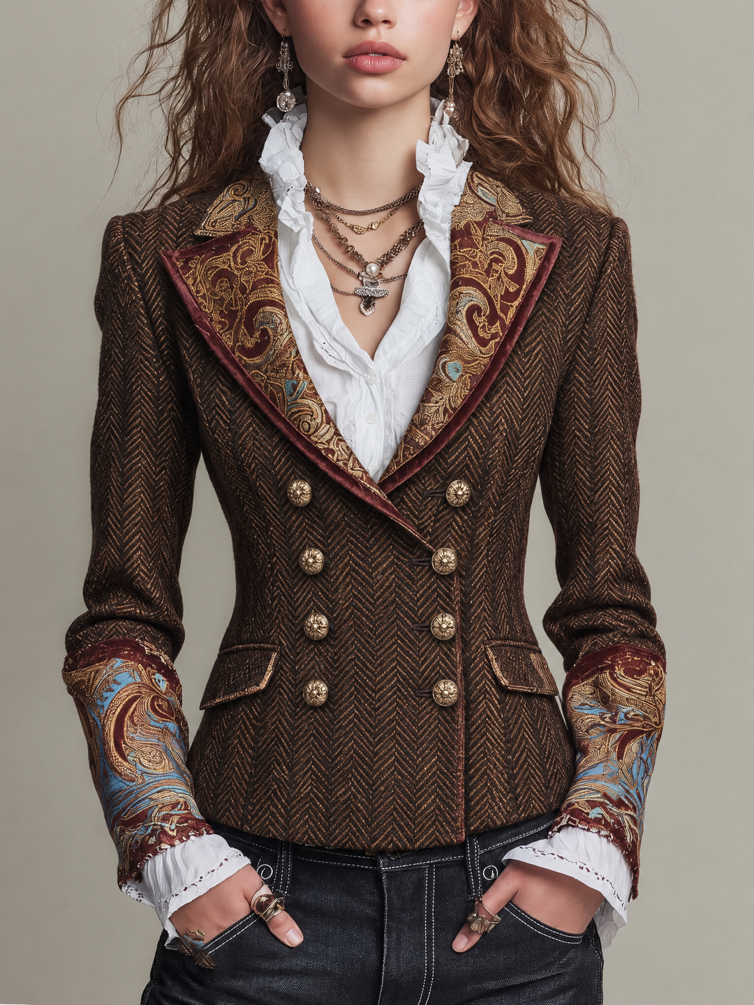 Vintage Baroque Print Herringbone Tweed Double-Breasted Blazer