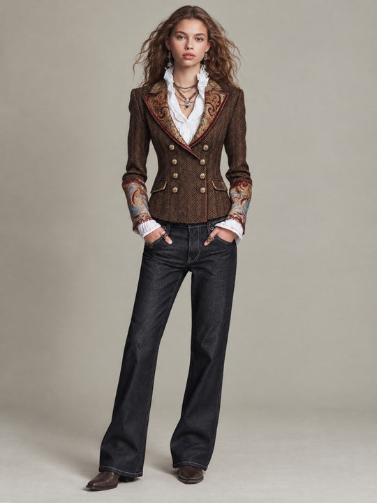 Vintage Baroque Print Herringbone Tweed Double-Breasted Blazer
