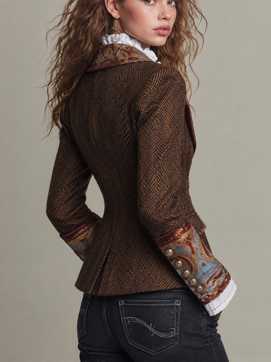 Vintage Baroque Print Herringbone Tweed Double-Breasted Blazer