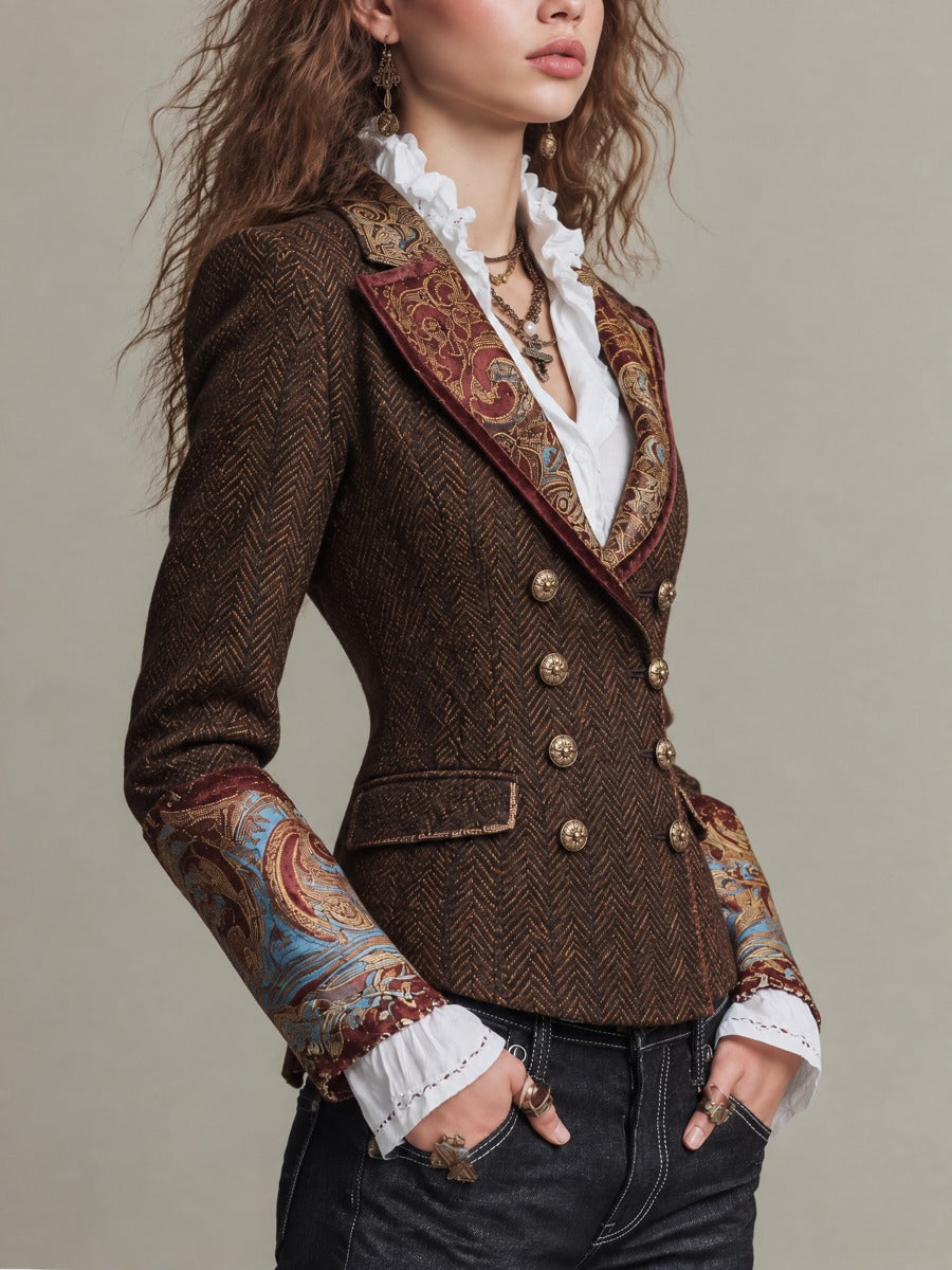 Vintage Baroque Print Herringbone Tweed Double-Breasted Blazer