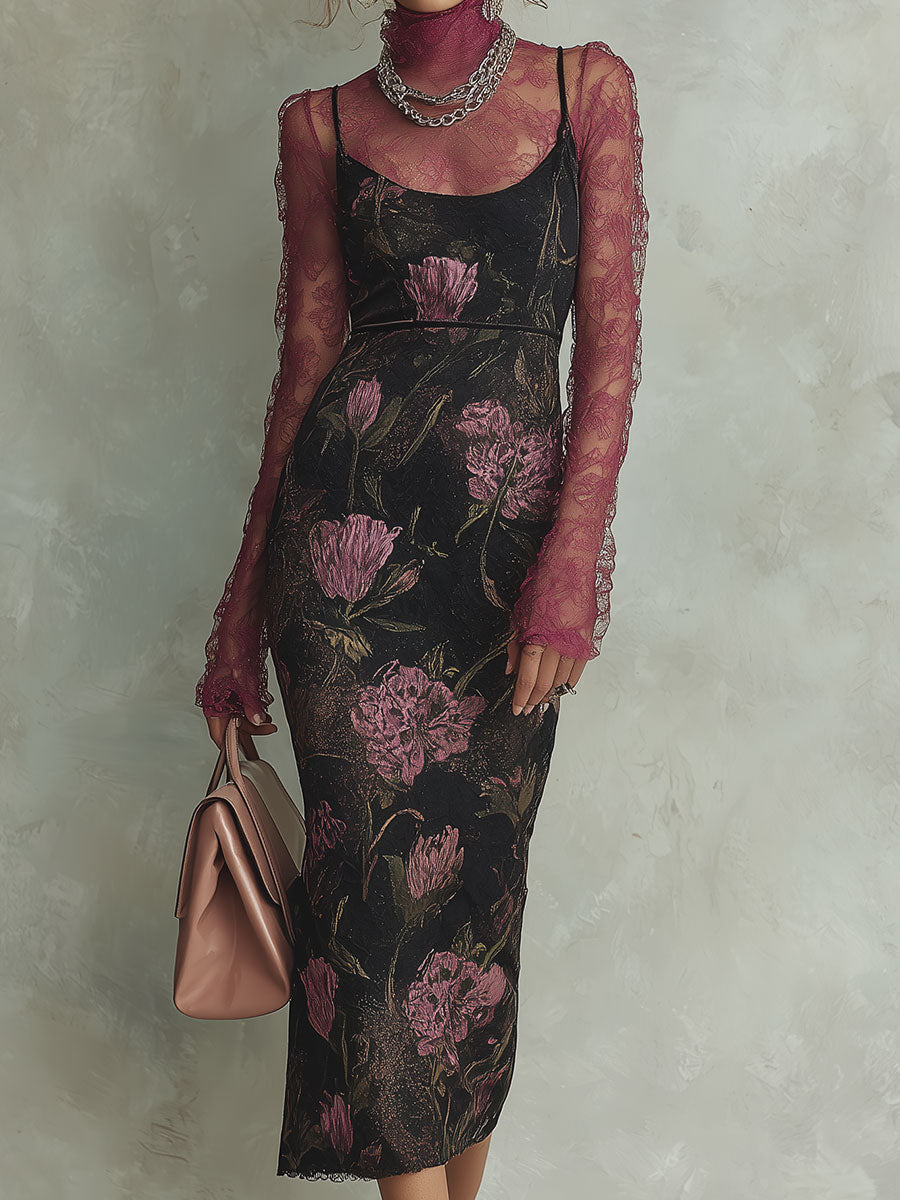 Elegant Lace Base Layer & Screen-Printed Slim-Fit Camisole Midi Dress Set