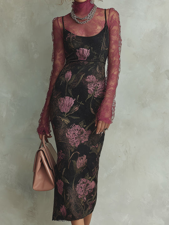 Elegant Lace Base Layer & Screen-Printed Slim-Fit Camisole Midi Dress Set