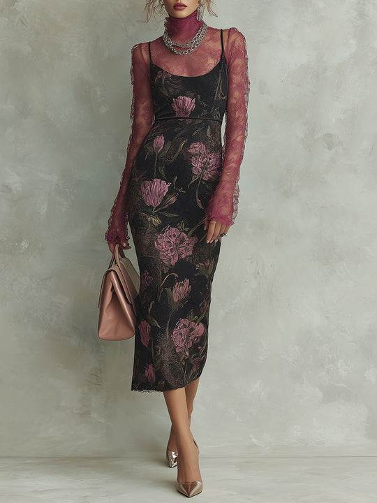 Elegant Lace Base Layer & Screen-Printed Slim-Fit Camisole Midi Dress Set