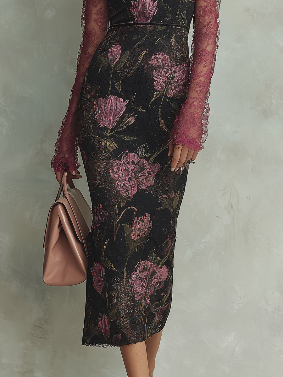 Elegant Lace Base Layer & Screen-Printed Slim-Fit Camisole Midi Dress Set