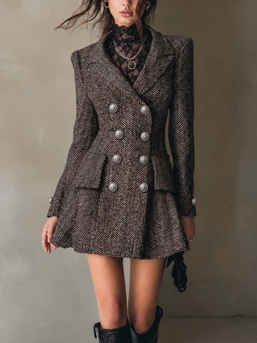 Elegant Herringbone Double-Breasted Blazer Mini Dress With Silver Button