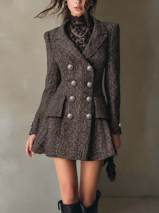 Elegant Herringbone Double-Breasted Blazer Mini Dress With Silver Button