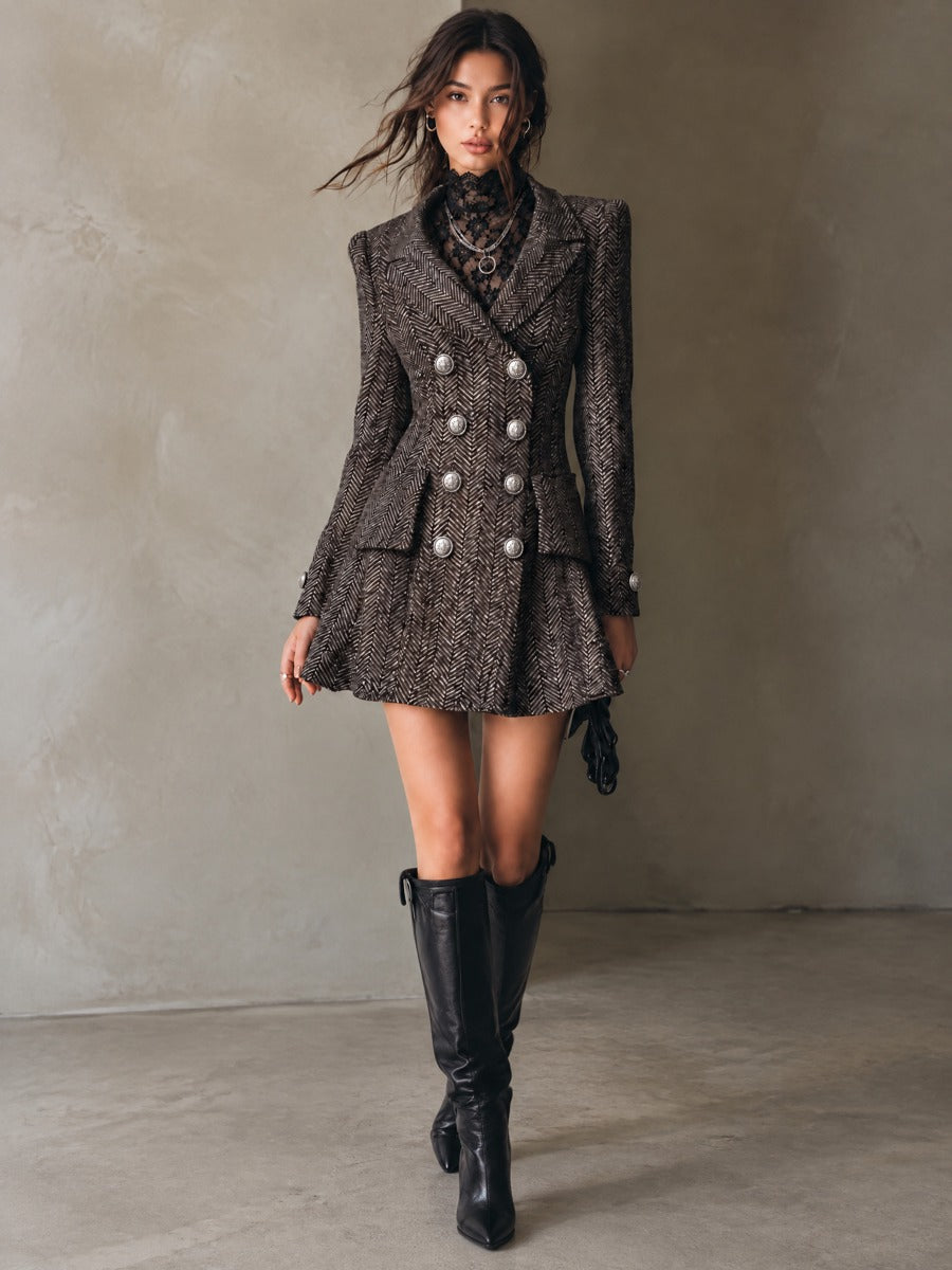 Elegant Herringbone Double-Breasted Blazer Mini Dress With Silver Button