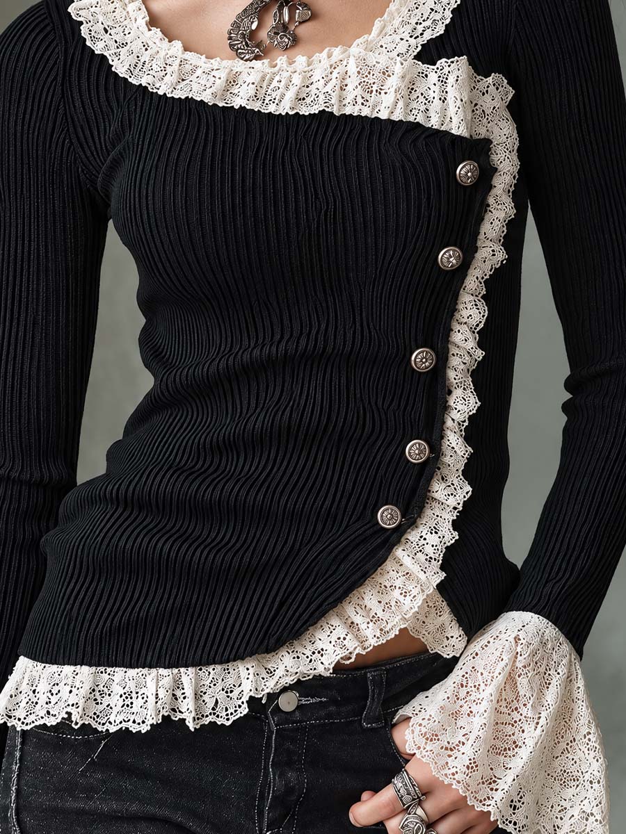 Retro Ribbed Knit Color-blocked Lace Top