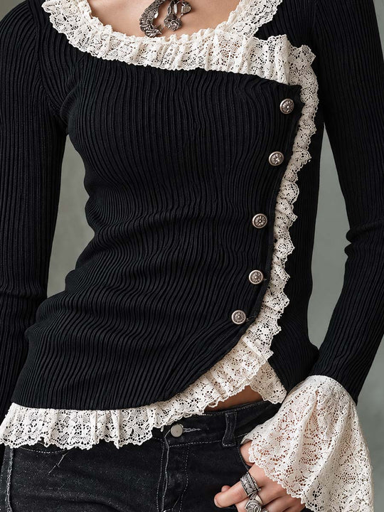 Retro Ribbed Knit Color-blocked Lace Top