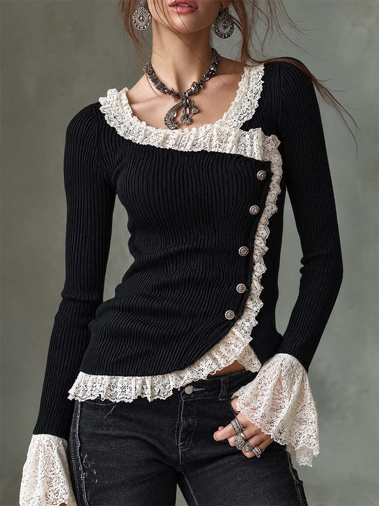 Retro Ribbed Knit Color-blocked Lace Top