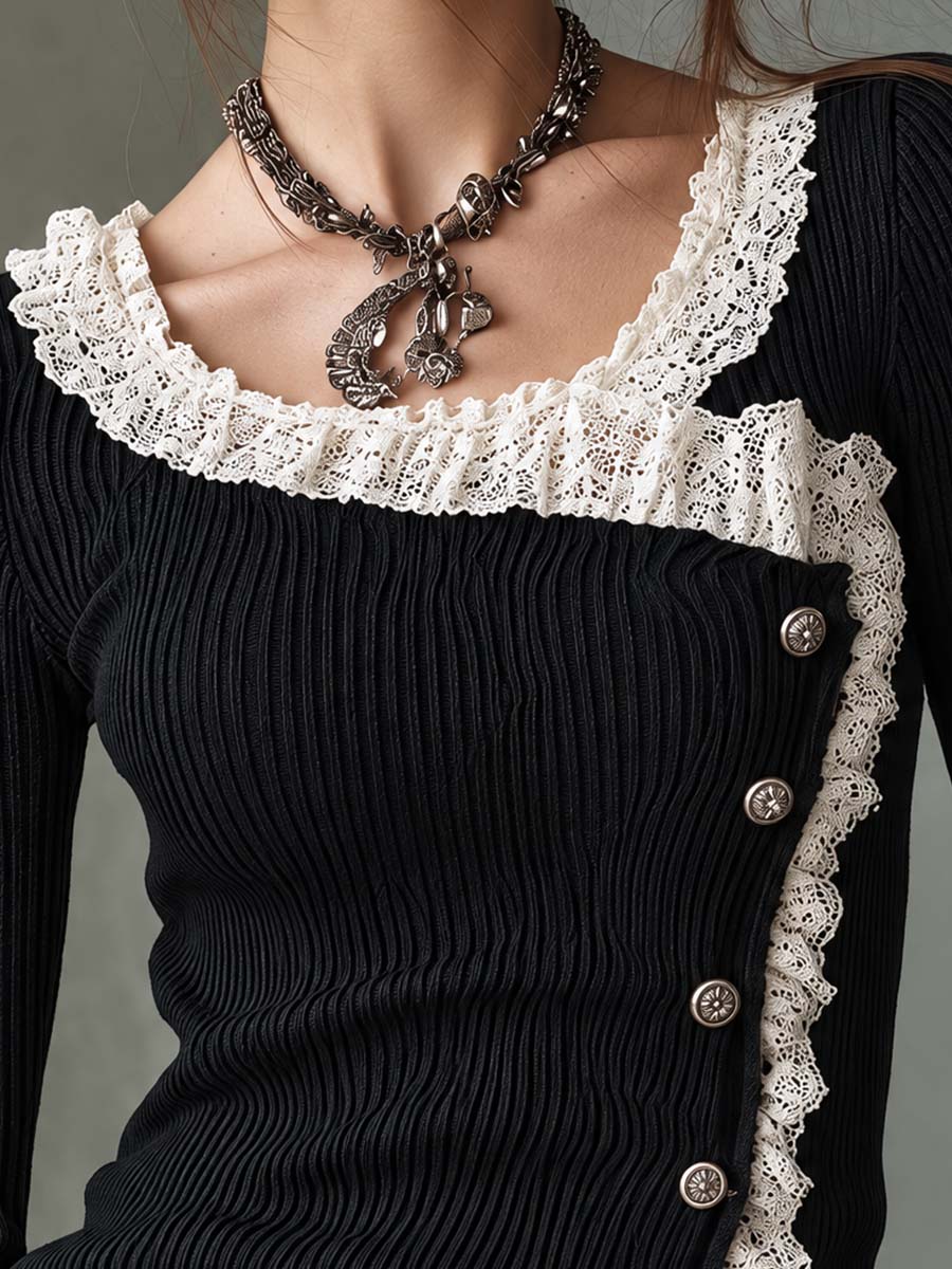 Retro Ribbed Knit Color-blocked Lace Top