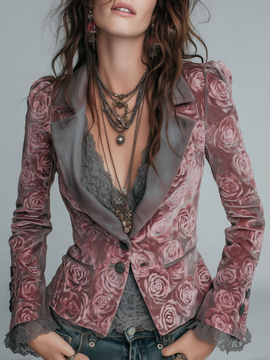 Elegant Velvet Rose-print Peak Lapels Slim-fit Blouse