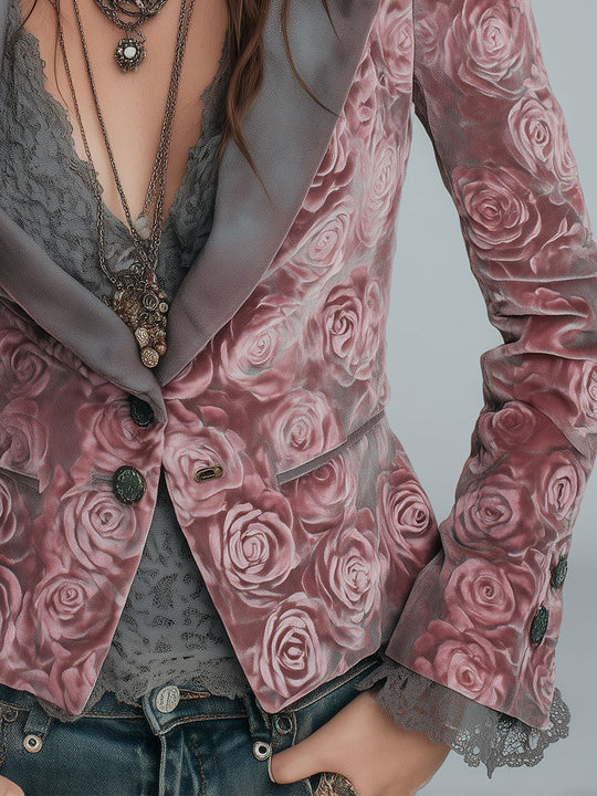 Elegant Velvet Rose-print Peak Lapels Slim-fit Blouse