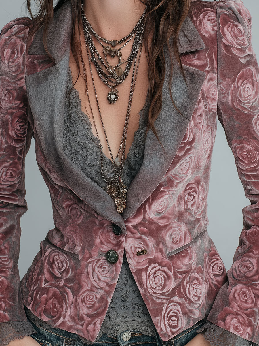 Elegant Velvet Rose-print Peak Lapels Slim-fit Blouse