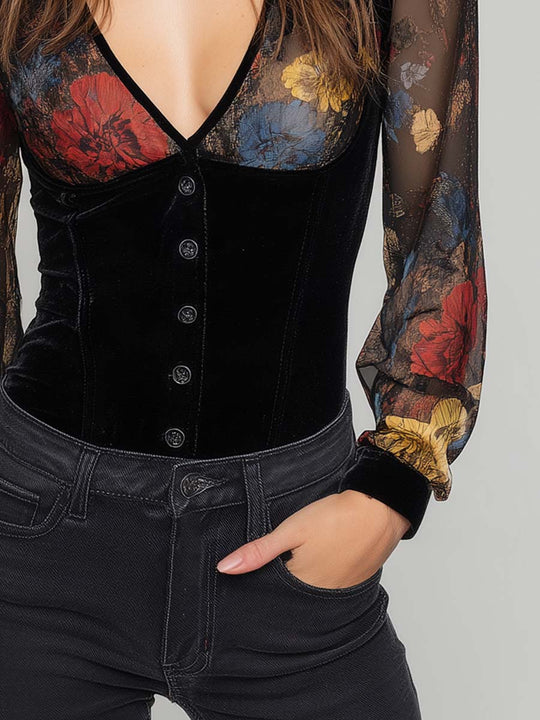Vintage-style Floral-print Panel Polyester Velvet Blouse