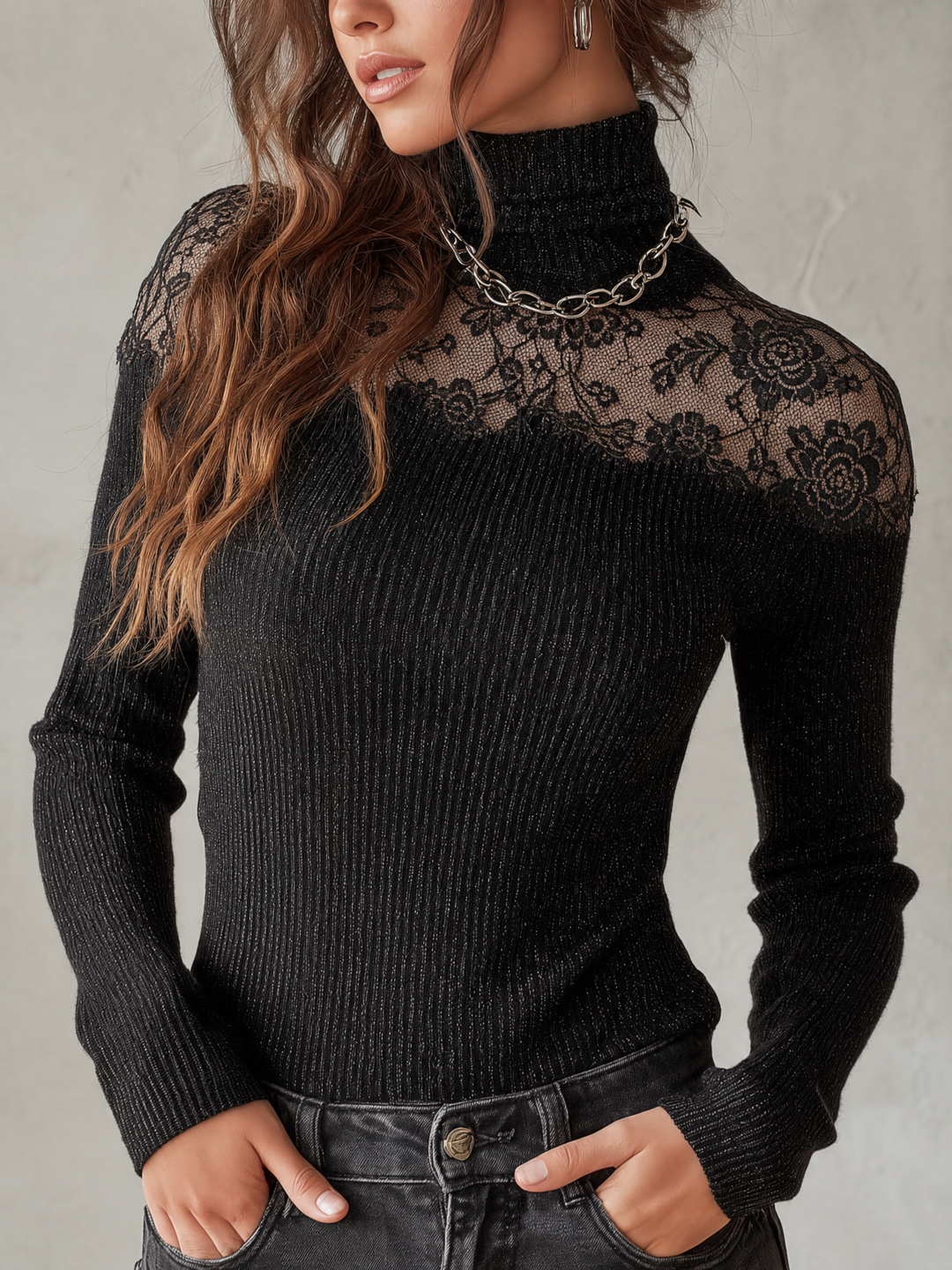 Floral Lace Yoke Ribbed Turtleneck Knit Top