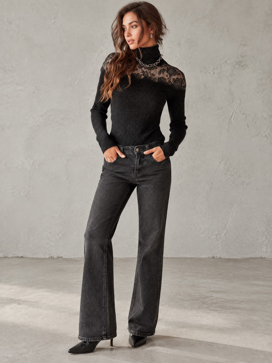 Floral Lace Yoke Ribbed Turtleneck Knit Top