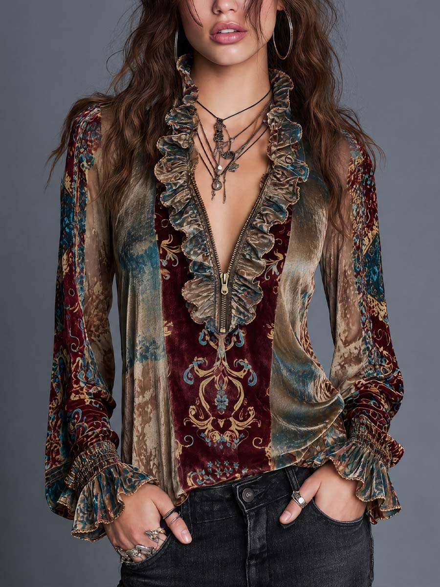 Boho Paisley Print Velvet Blouse with Zip Front & Ruffle Trim