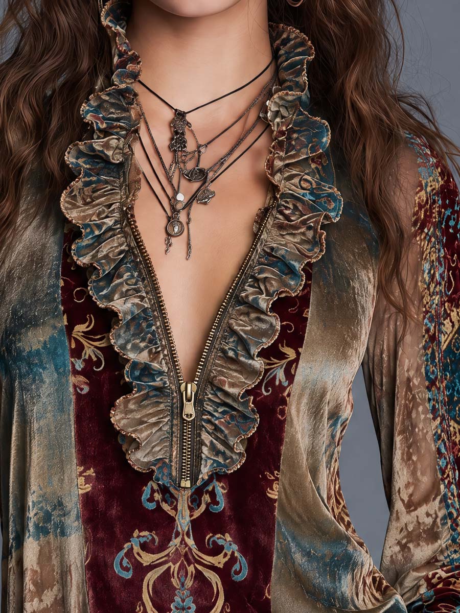 Boho Paisley Print Velvet Blouse with Zip Front & Ruffle Trim