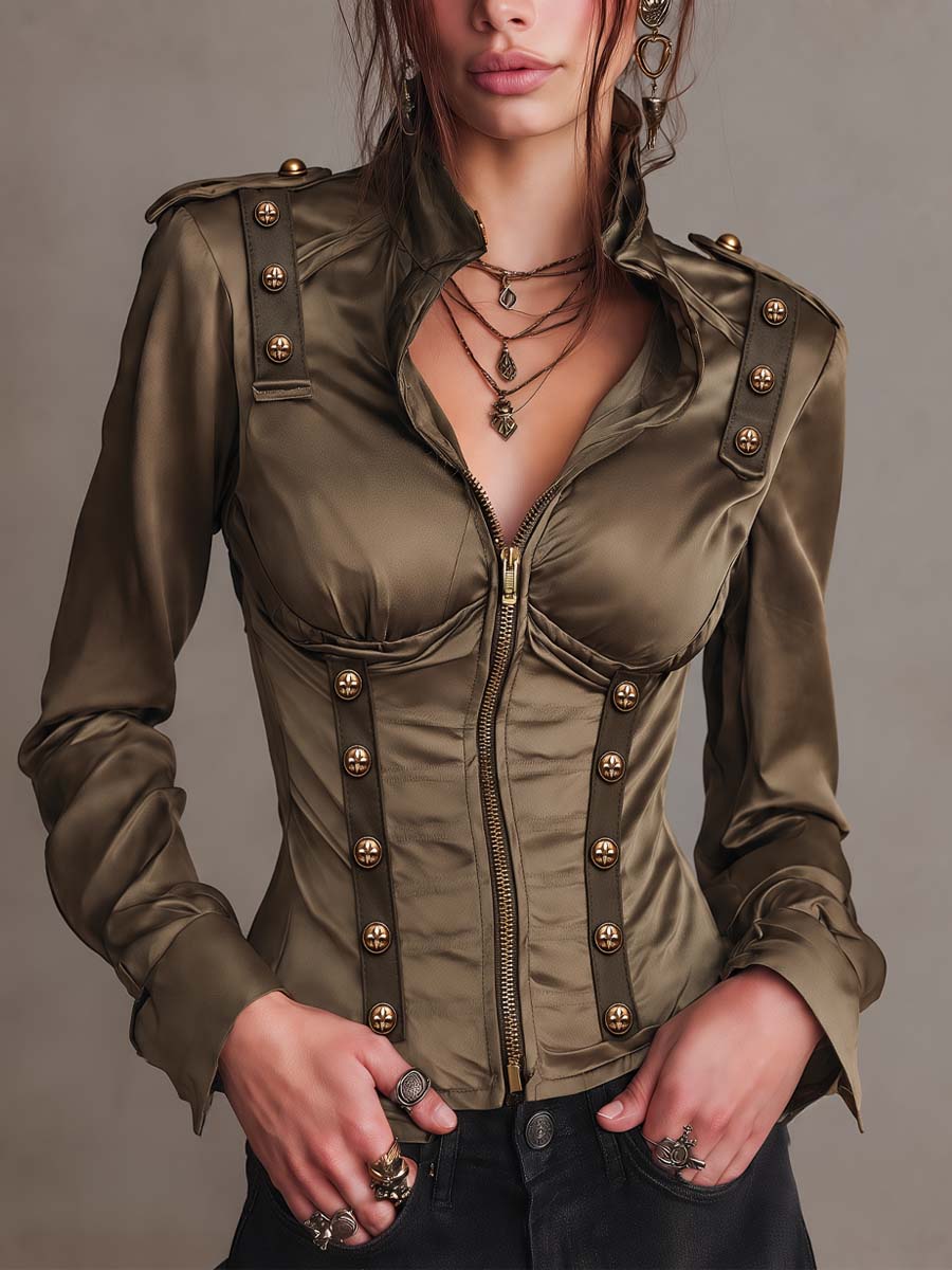Vintage Military Style Satin Zip-Up Jacket with Brass Button Trim