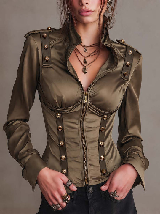 Vintage Military Style Satin Zip-Up Jacket with Brass Button Trim