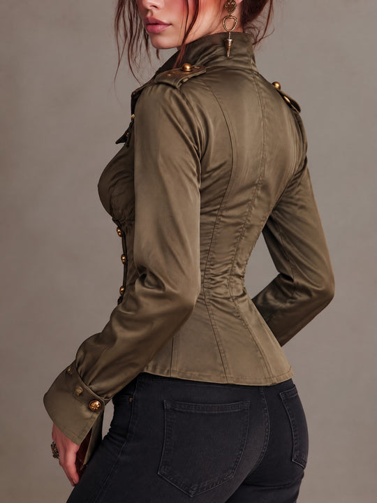 Vintage Military Style Satin Zip-Up Jacket with Brass Button Trim