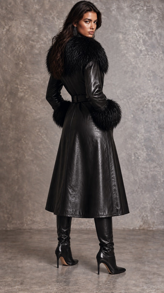 Retro Double Breasted Faux Leather Long Trench With Detachable Fluffy Fur Trim