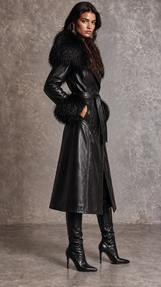 Retro Double Breasted Faux Leather Long Trench With Detachable Fluffy Fur Trim