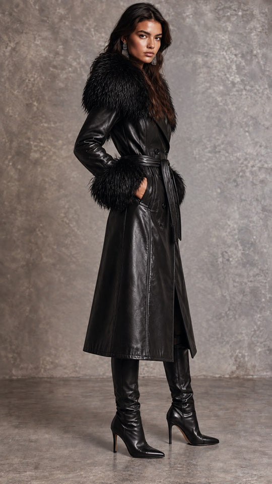 Retro Double Breasted Faux Leather Long Trench With Detachable Fluffy Fur Trim