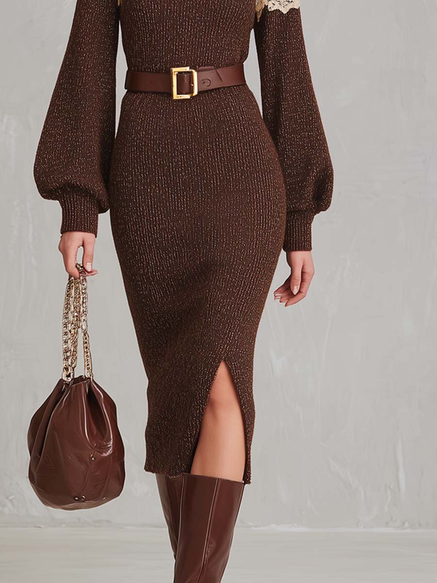 Lace Panel Turtleneck Knit Midi Dress