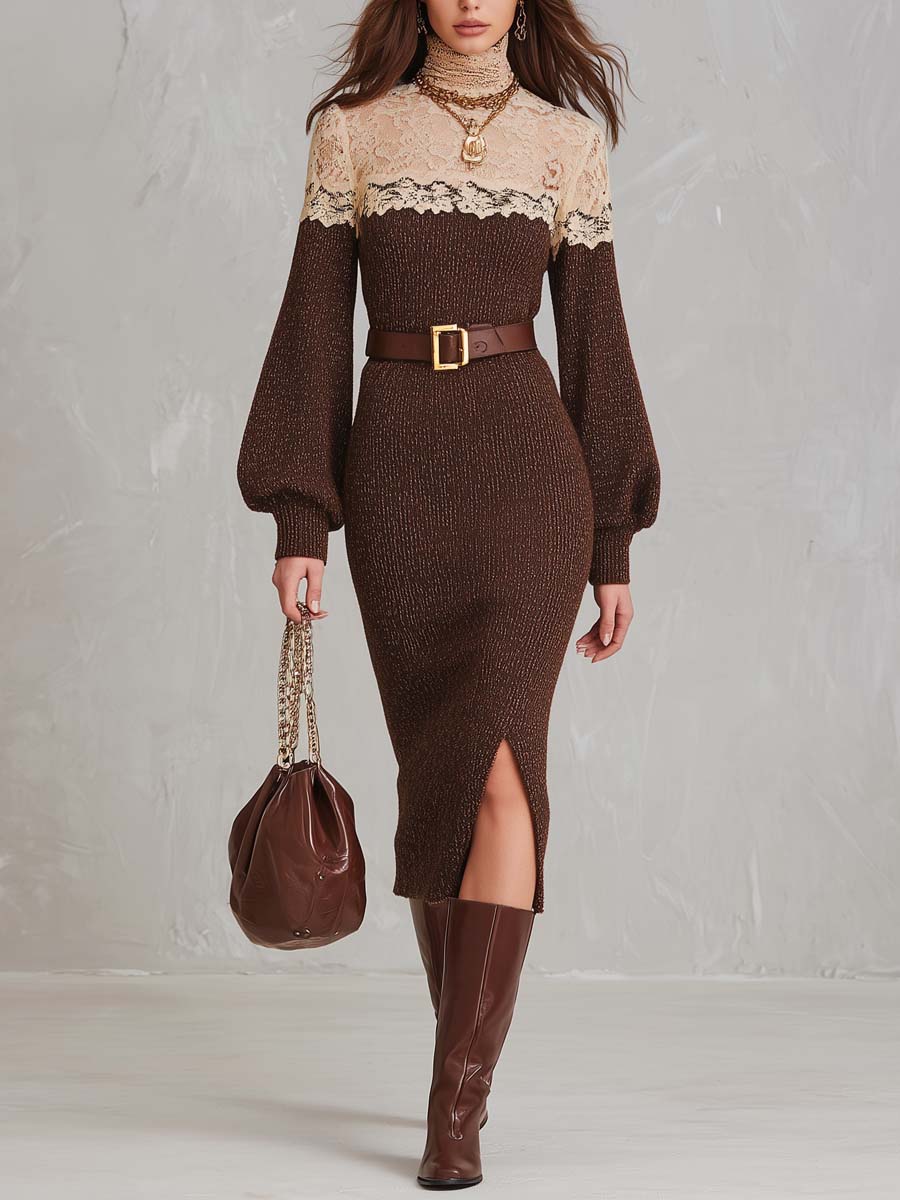 Lace Panel Turtleneck Knit Midi Dress