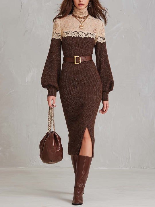 Lace Panel Turtleneck Knit Midi Dress