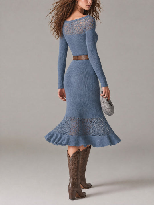 Boat Neck Openwork Panel Ribbed Knit Midi Dress